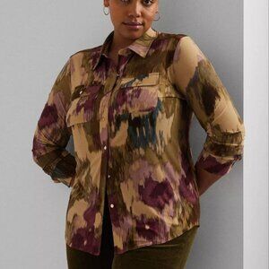 Lauren Ralph Lauren Women's Plus Size Slim Fit Floral Shirt, Clay Tan, 3X